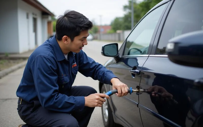 Locksmith using an air wedge and reach tool to unlock a car door