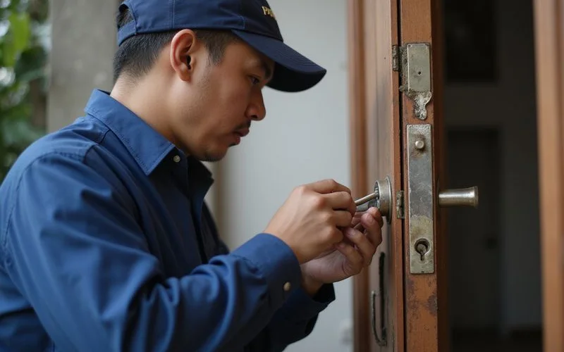 Locksmith using non-destructive pick tools on a residential door lock, close-up