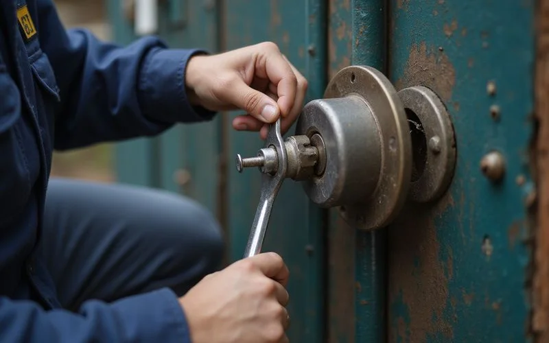 Locksmith using tension wrench and pick on a jammed pin-tumbler lock at a Kuala Lumpur residential property