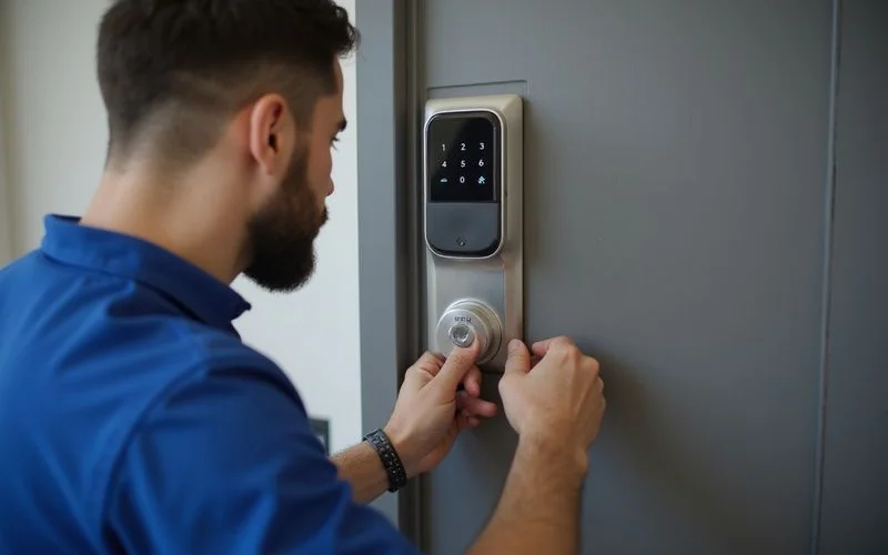 Sky Locks technician installing a push-pull smart lock on a Kuala Lumpur condo door with fingerprint and PIN setup