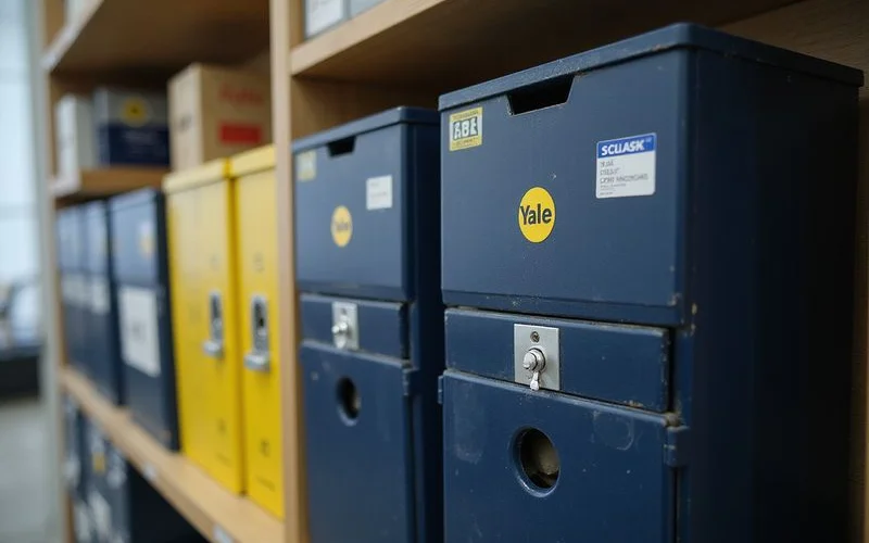 Row of branded lock boxes (Yale, Schlage, Solex) on a shelf