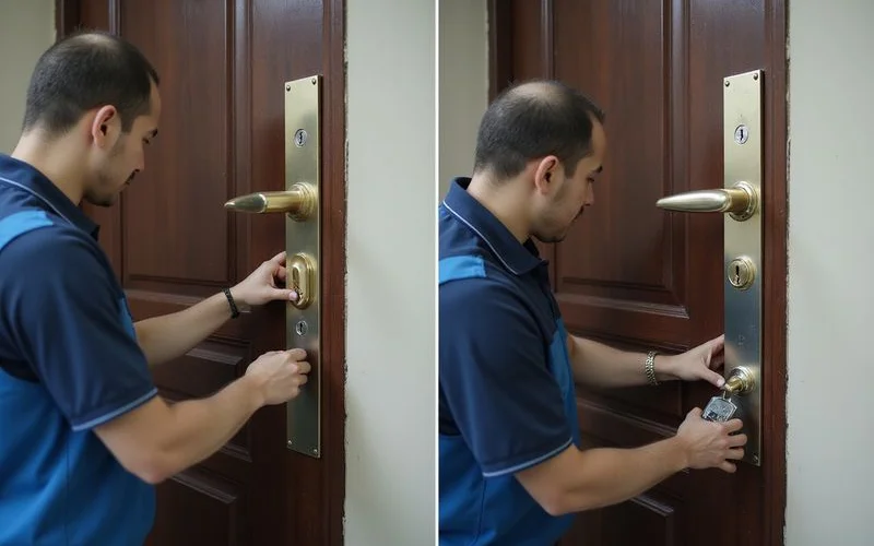 Side-by-side of an intact lock after non-destructive entry vs a drilled lock