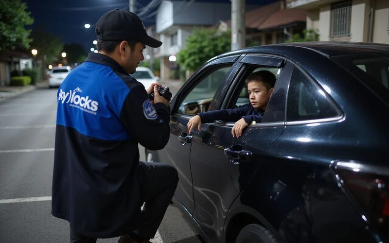 Sky Locks technician using air wedge to unlock sedan near condo car park in Kuala Lumpur at night