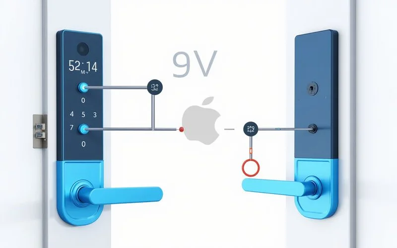 Step diagram of using a 9V emergency override on a smart lock