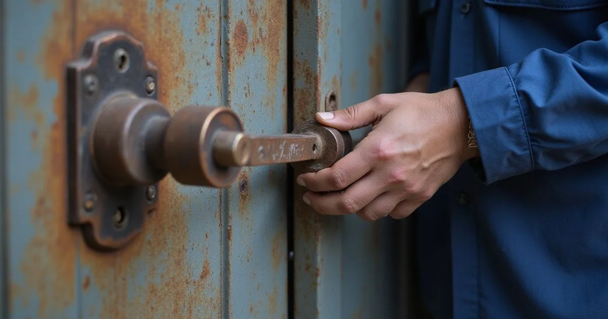 Close-up of a worn, rusted door lock on a Malaysian terrace house gate