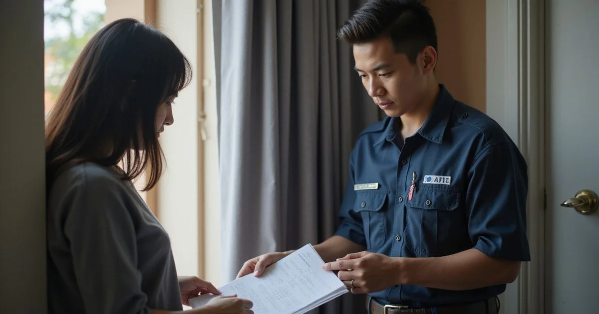 Customer reviewing a written price quote with a uniformed locksmith at a doorway