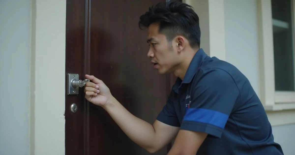 Frustrated person trying to turn a key in a stuck door lock as locksmith arrives