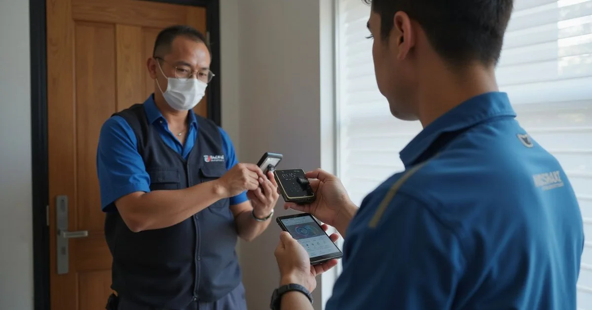 Homeowner and locksmith comparing digital lock models against a Malaysian security door