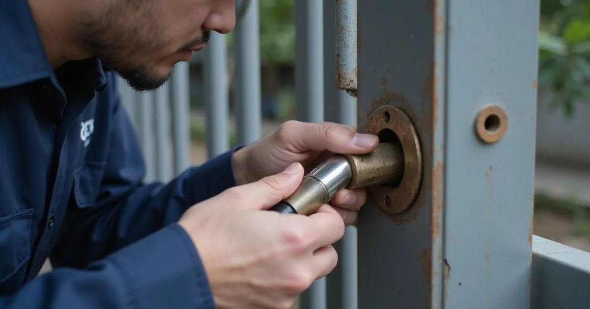Locksmith carefully working tools into a seized padlock on a gate