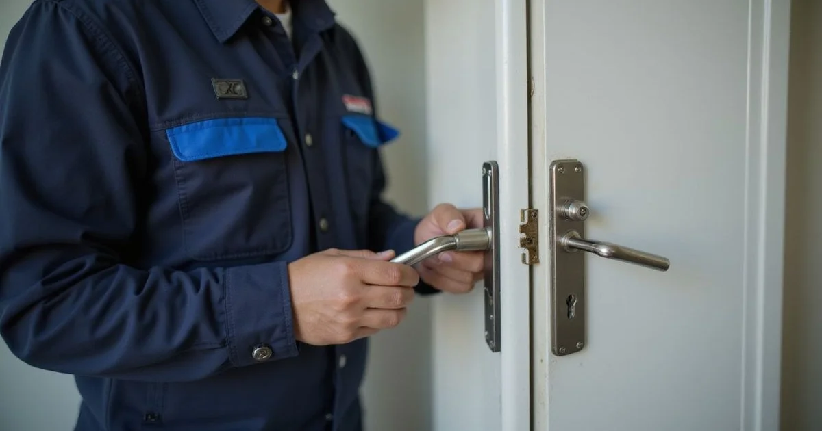 Locksmith holding a broken handle next to a new replacement set at a door