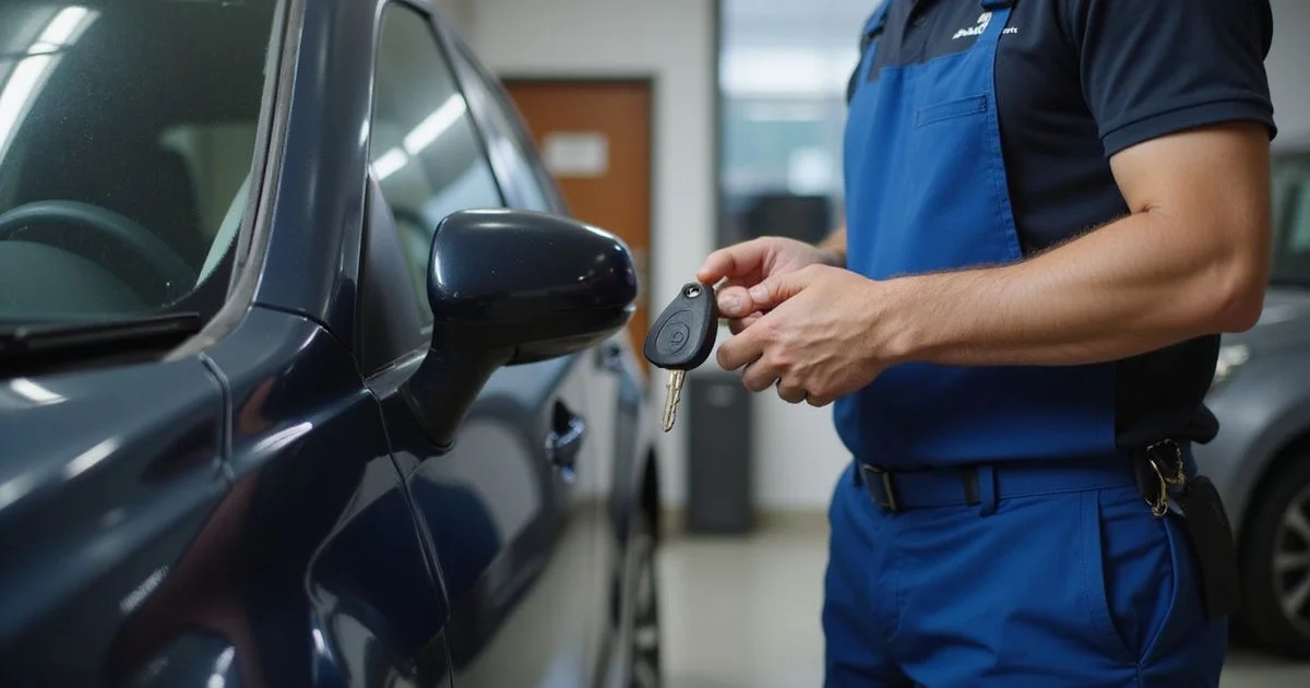 Locksmith holding a freshly cut blank car key beside a vehicle with no original key present