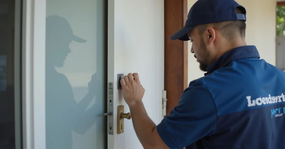 Locksmith installing a new deadbolt on a home door while quoting price