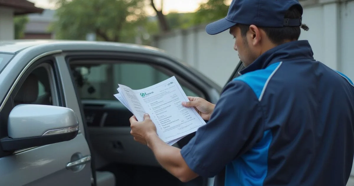 Locksmith showing a price quote for a new car key beside an open vehicle door
