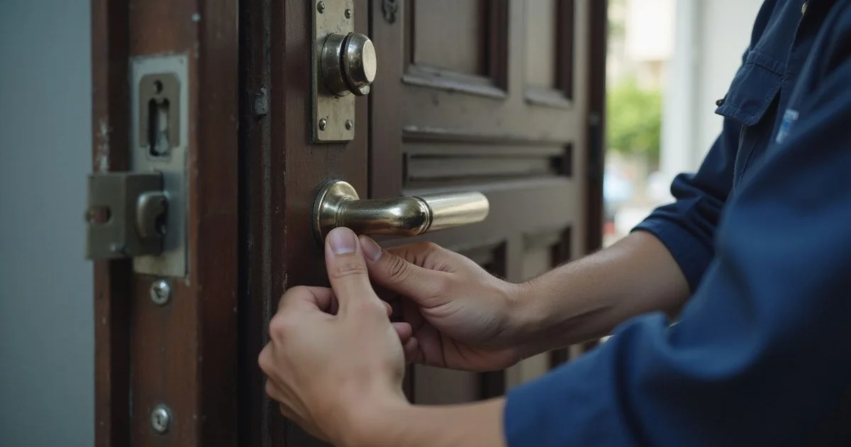 Locksmith tightening and repairing a loose lever door handle, close-up hands