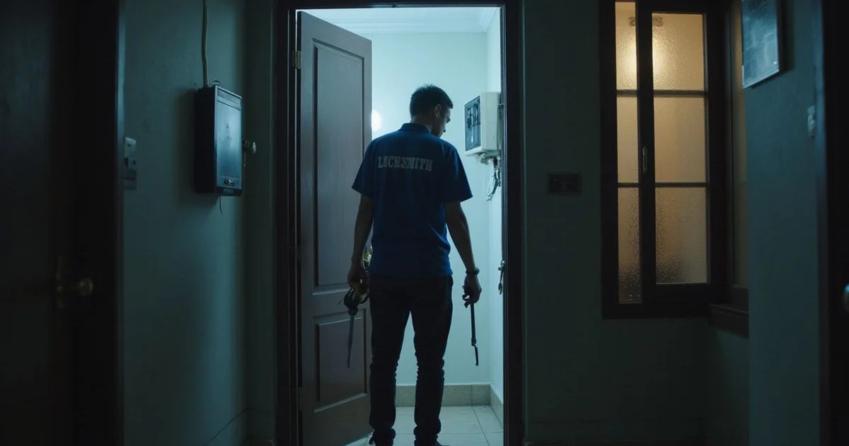 Worried resident standing outside a KL apartment door at night as locksmith arrives with tools